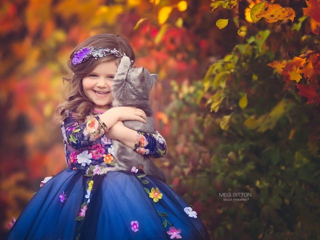 Обои цветы, смех, природа, платье, кот, осень, девочка, ребенок, животное, flowers, laughter, nature, dress, cat, autumn, girl, child, animal разрешение 2048x1322 Загрузить