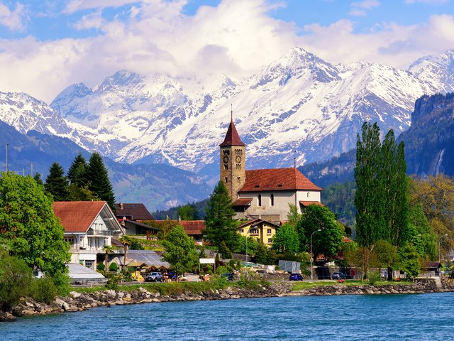 Обои озеро, горы, швейцария, дома, люцерн, энгельбергское озеро, lake, mountains, switzerland, home, lucerne, engelberg lake разрешение 4712x3145 Загрузить