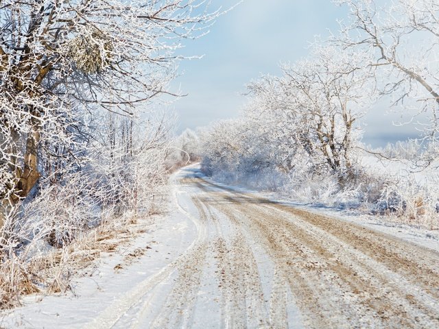 Обои дорога, деревья, снег, зима, road, trees, snow, winter разрешение 2048x1279 Загрузить