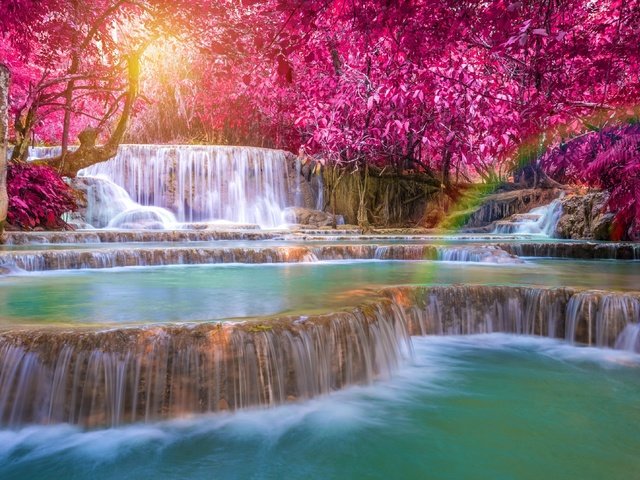 Обои деревья, вода, река, водопад, радуга, каскад, лаос, kuang si falls, trees, water, river, waterfall, rainbow, cascade, laos разрешение 3225x2153 Загрузить