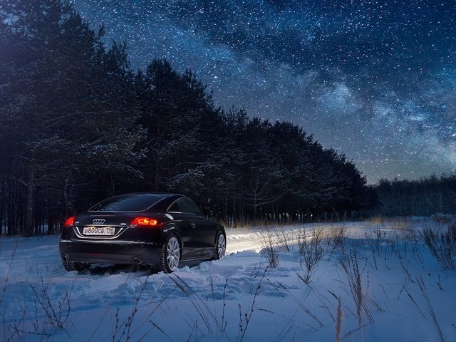 Обои ночь, снег, лес, зима, ауди, автомобили, ауди тт, night, snow, forest, winter, audi, cars, audi tt разрешение 1920x1281 Загрузить