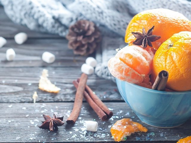 Обои корица, фрукты, мандарины, цитрусы, анис, маршмеллоу, cinnamon, fruit, tangerines, citrus, anis, marshmallows разрешение 1920x1200 Загрузить