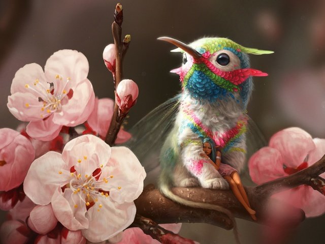Обои цветы, ветка, весна, эльф, грифон, колибри, flowers, branch, spring, elf, griffin, hummingbird разрешение 2560x1585 Загрузить