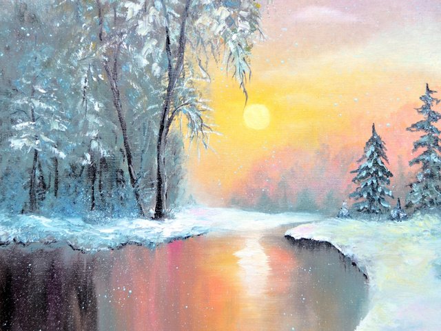 Обои арт, озеро, закат, зима, пейзаж, живопись, art, lake, sunset, winter, landscape, painting разрешение 1920x1200 Загрузить