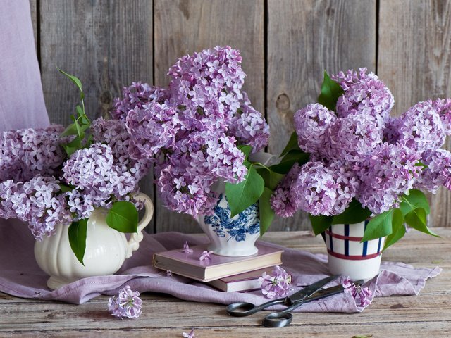 Обои цветы, книги, букет, сирень, ножницы, натюрморт, flowers, books, bouquet, lilac, scissors, still life разрешение 2000x1331 Загрузить