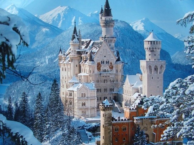 Обои зима, замок, башня, германия, нойшванштайн, бавария, winter, castle, tower, germany, neuschwanstein, bayern разрешение 1920x1200 Загрузить