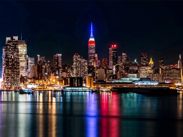 Обои ночь, огни, город, небоскребы, сша, нью-йорк, манхэттен, night, lights, the city, skyscrapers, usa, new york, manhattan разрешение 5822x3400 Загрузить