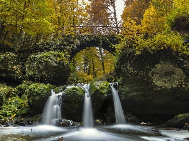 Обои деревья, река, мост, водопад, осень, мох, люксембург, trees, river, bridge, waterfall, autumn, moss, luxembourg разрешение 2048x1365 Загрузить