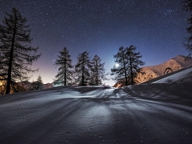 Обои небо, звезды, ночь, луна, деревья, горы, снег, природа, лес, зима, the sky, stars, night, the moon, trees, mountains, snow, nature, forest, winter разрешение 2048x1365 Загрузить