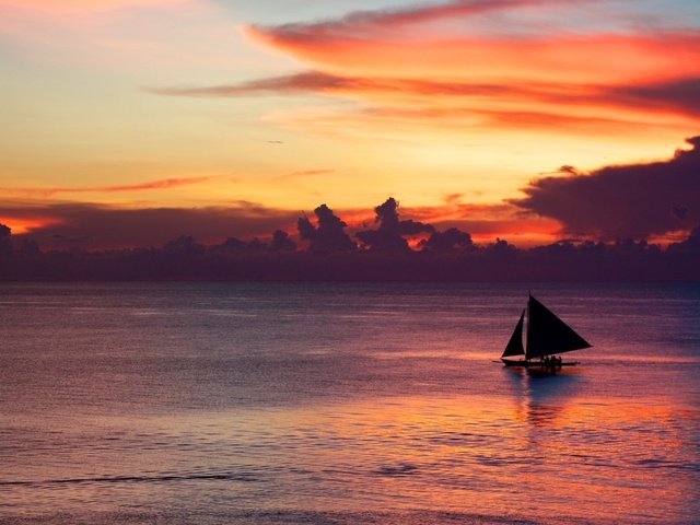 Обои облака, берег, закат, море, горизонт, парусник, лодка, сумерки, clouds, shore, sunset, sea, horizon, sailboat, boat, twilight разрешение 1920x1080 Загрузить