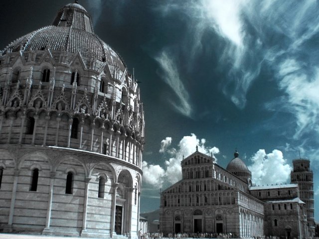 Обои собор, башня, италия, пиза, инфракрасный снимок, баптистерий, cathedral, tower, italy, pisa, infrared the, the baptistery разрешение 2026x1440 Загрузить