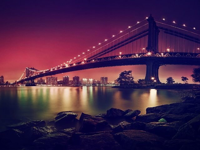 Обои ночь, мост, город, нью-йорк, манхэттен, бруклинский мост, бруклин, висячий мост, night, bridge, the city, new york, manhattan, brooklyn bridge, brooklyn, suspension bridge разрешение 3840x2160 Загрузить