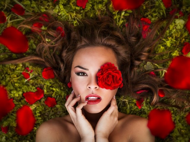 Обои девушка, макияж, цветок, роза, лепестки, взгляд, волосы, лицо, руки, girl, makeup, flower, rose, petals, look, hair, face, hands разрешение 5293x3528 Загрузить