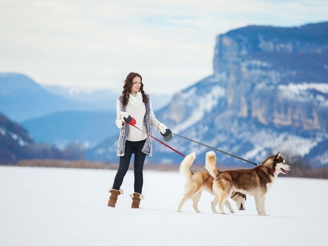 Обои горы, снег, зима, девушка, хаски, собаки, сибирский хаски, mountains, snow, winter, girl, husky, dogs, siberian husky разрешение 1920x1080 Загрузить