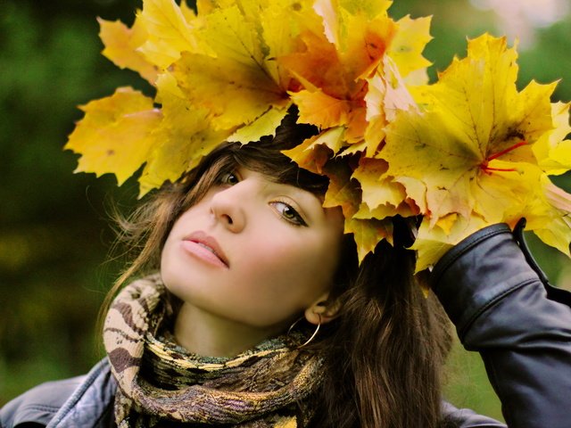 Обои листья, девушка, взгляд, осень, волосы, лицо, шарф, leaves, girl, look, autumn, hair, face, scarf разрешение 2560x1600 Загрузить