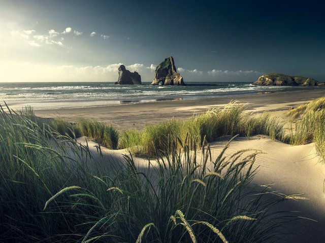 Обои небо, трава, скалы, пейзаж, море, песок, пляж, колоски, the sky, grass, rocks, landscape, sea, sand, beach, spikelets разрешение 1920x1200 Загрузить