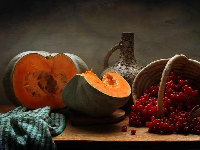 Обои осень, кувшин, тыква, натюрморт, калина, autumn, pitcher, pumpkin, still life, kalina разрешение 2829x1649 Загрузить