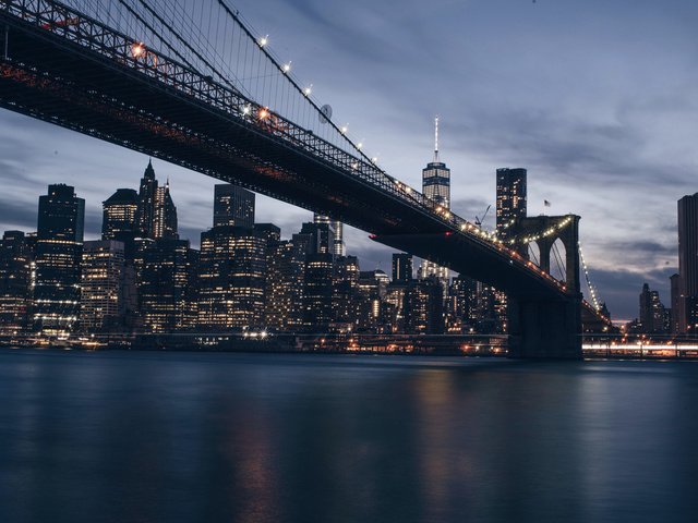 Обои мост, город, сша, нью-йорк, манхэттен, бруклинский мост, bridge, the city, usa, new york, manhattan, brooklyn bridge разрешение 1920x1200 Загрузить