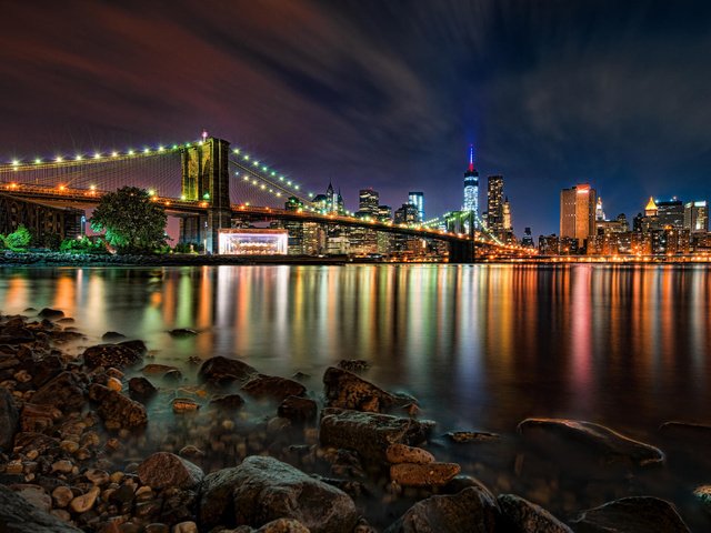 Обои ночь, огни, мост, город, сша, нью-йорк, бруклинский мост, night, lights, bridge, the city, usa, new york, brooklyn bridge разрешение 1920x1200 Загрузить