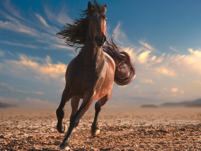Обои небо, лошадь, облака, пустыня, конь, грива, хвост, the sky, horse, clouds, desert, mane, tail разрешение 2880x1800 Загрузить