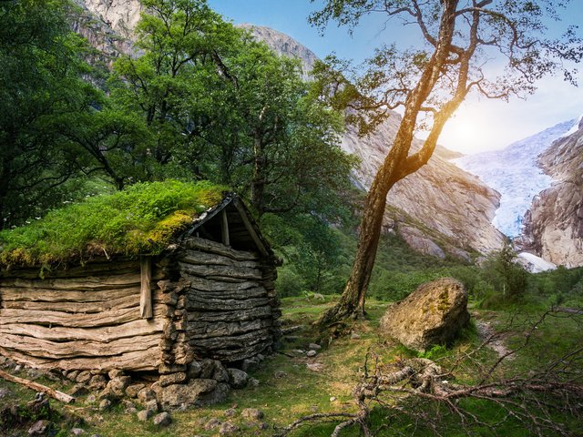 Обои деревья, горы, природа, мох, сарай, хижина, trees, mountains, nature, moss, the barn, hut разрешение 3840x2400 Загрузить