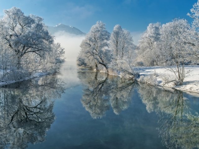 Обои деревья, река, зима, отражение, иней, trees, river, winter, reflection, frost разрешение 1920x1200 Загрузить