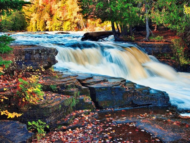 Обои деревья, осень, река, скалы, камни, лес, листья, ручей, водопад, trees, autumn, river, rocks, stones, forest, leaves, stream, waterfall разрешение 4672x3104 Загрузить