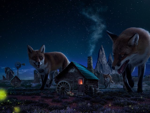 Обои небо, ночь, скалы, звезды, домик, лисы, великаны, the sky, night, rocks, stars, house, fox, the giants разрешение 2880x1800 Загрузить