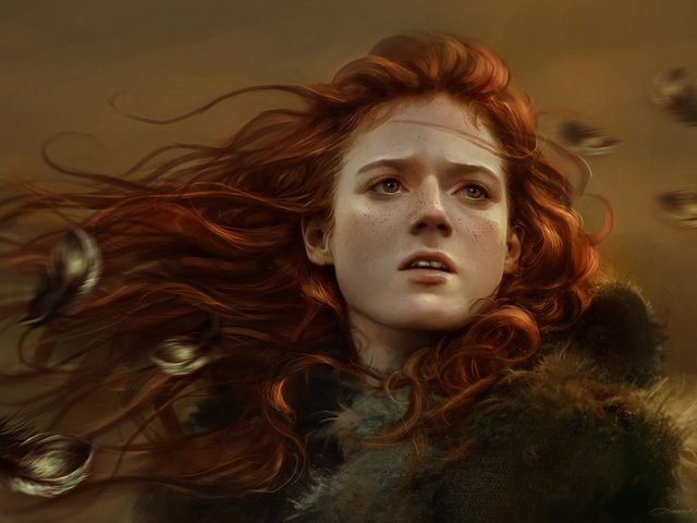 Обои арт, девушка, рыжая, лицо, перья, веснушки, игра престолов, ygritte, art, girl, red, face, feathers, freckles, game of thrones разрешение 1920x1186 Загрузить