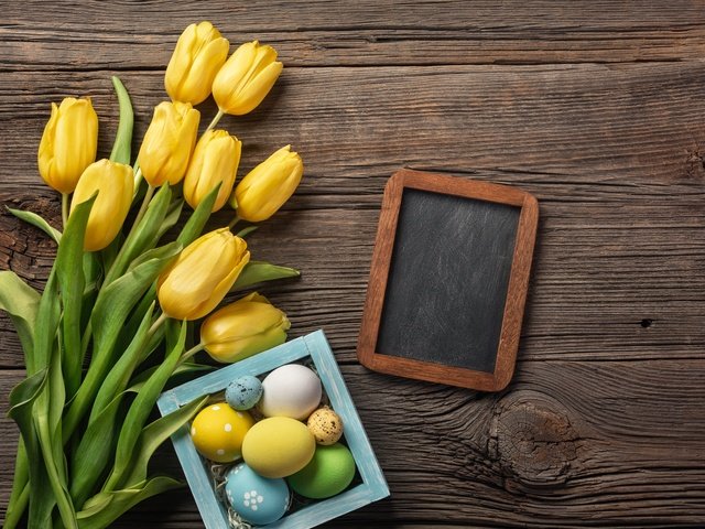 Обои букет, тюльпаны, пасха, яйца, желтые, bouquet, tulips, easter, eggs, yellow разрешение 5760x3840 Загрузить