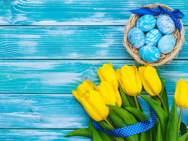 Обои букет, тюльпаны, пасха, яйца, желтые, bouquet, tulips, easter, eggs, yellow разрешение 5461x3641 Загрузить