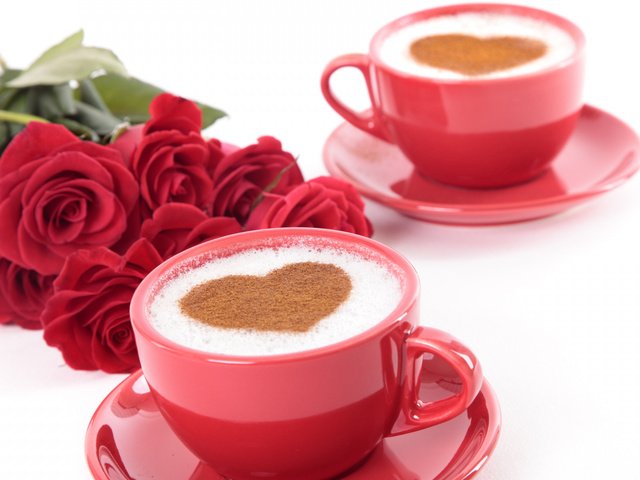 Обои розы, кофе, сердце, праздник, день святого валентина, копучино, roses, coffee, heart, holiday, valentine's day, capuchino разрешение 1920x1200 Загрузить