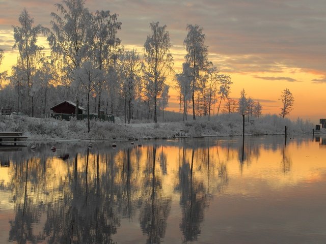 Обои деревья, река, снег, зима, закат солнца, швеция, trees, river, snow, winter, sunset, sweden разрешение 5120x2880 Загрузить