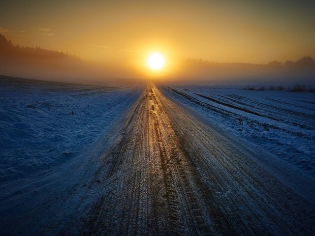 Обои дорога, снег, природа, закат, зима, горизонт, road, snow, nature, sunset, winter, horizon разрешение 2880x1920 Загрузить