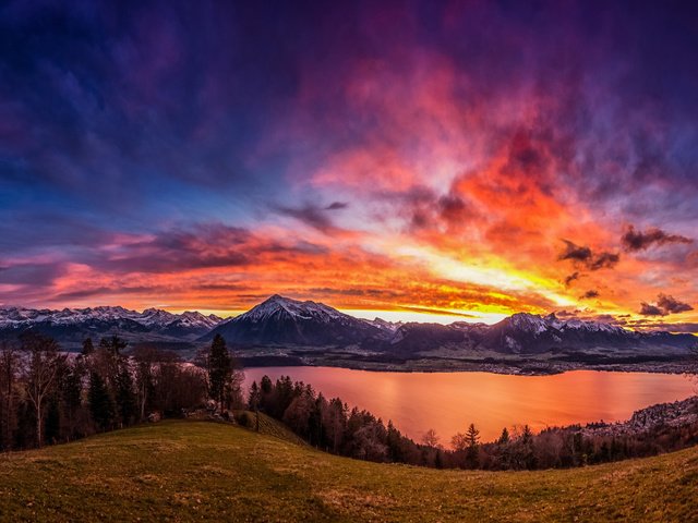 Обои небо, bernese oberland, bernese alps, деревья, бернские альпы, бернский оберланд, озеро, canton of bern, горы, закат, швейцария, тун, тунское озеро, the sky, trees, lake, mountains, sunset, switzerland, thun, lake thun разрешение 2112x1188 Загрузить