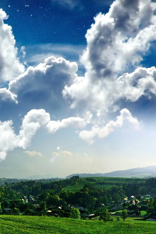 Обои небо, трава, облака, деревья, поле, деревушка, the sky, grass, clouds, trees, field, village разрешение 1920x1080 Загрузить