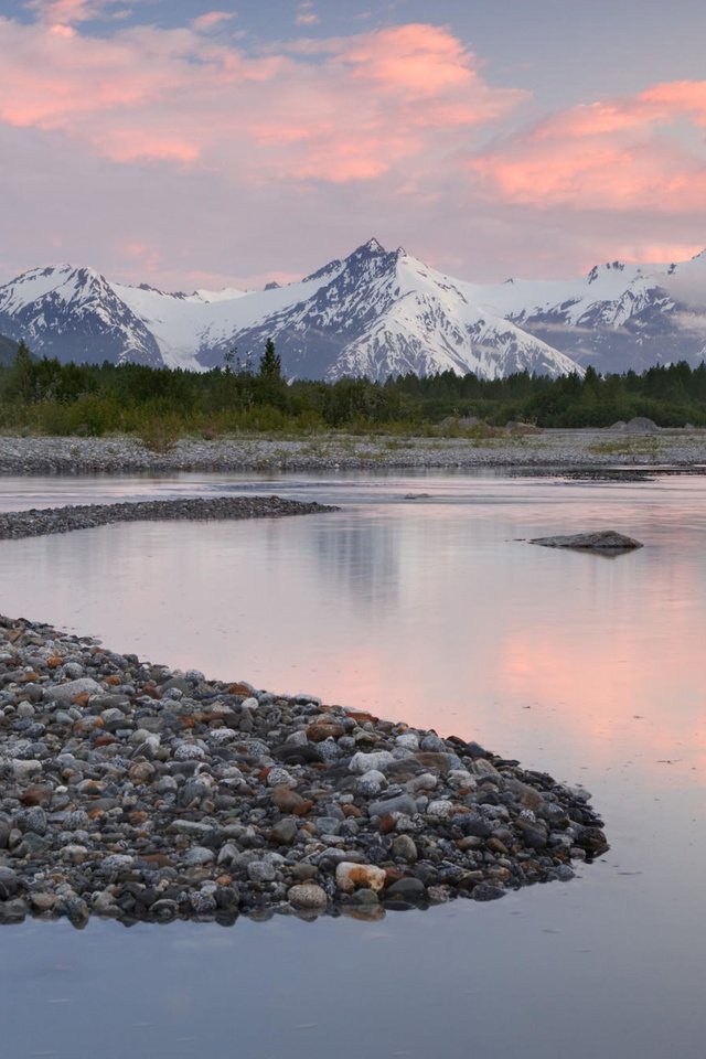 Обои небо, на природе, облака, река, горы, природа, камни, пейзаж, аляска, the sky, clouds, river, mountains, nature, stones, landscape, alaska разрешение 2000x1333 Загрузить