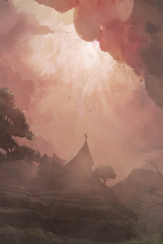 Обои рисунок, деревья, туман, церковь, figure, trees, fog, church разрешение 1920x1200 Загрузить