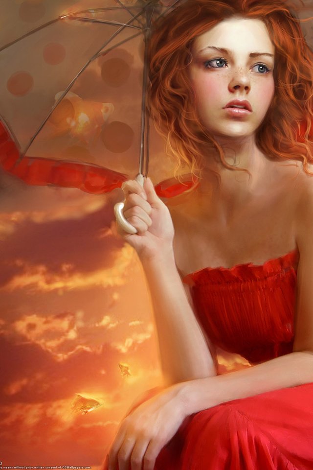 Обои рисунок, девушка, фантастика, рыбки, зонт, в красном, figure, girl, fiction, fish, umbrella, in red разрешение 1920x1200 Загрузить