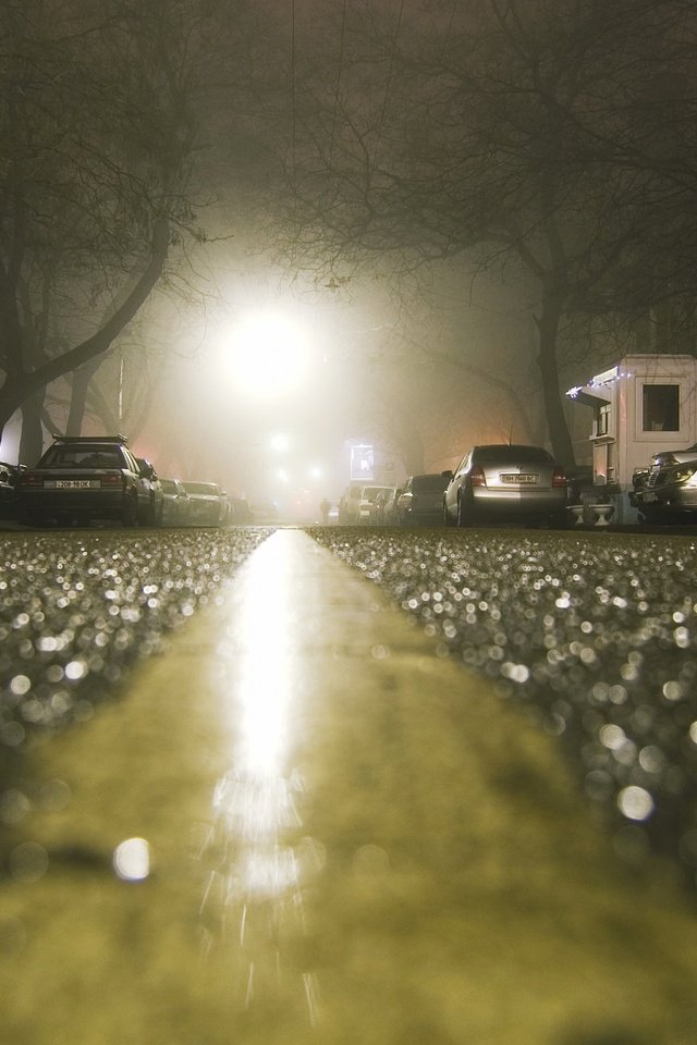 Обои ночь, макро, дома, машины, асфальт после дождя, night, macro, home, machine, asphalt after the rain разрешение 2560x1600 Загрузить