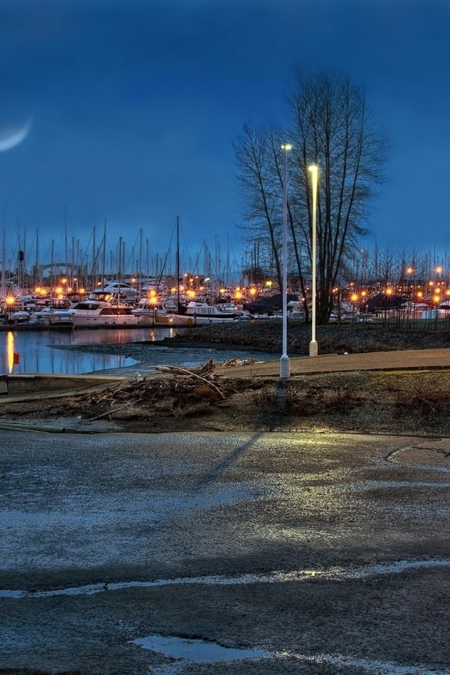 Обои небо, фонари, вечер, река, яхты, луна, причал, the sky, lights, the evening, river, yachts, the moon, pier разрешение 1920x1200 Загрузить