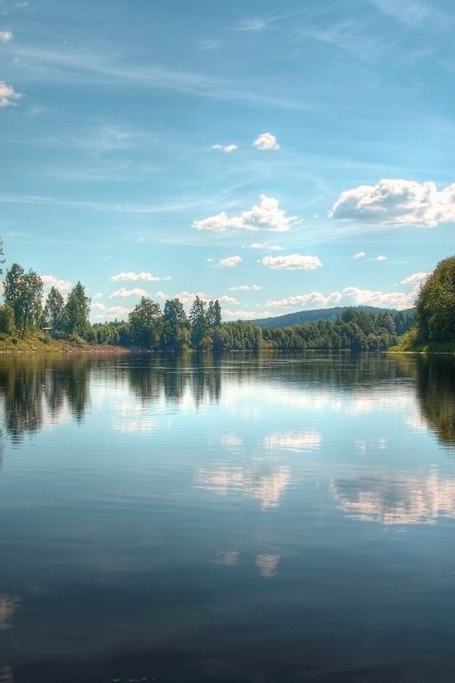 Обои небо, лето, облака, деревья, озеро, река, природа, отражение, пейзаж, the sky, summer, clouds, trees, lake, river, nature, reflection, landscape разрешение 1920x1080 Загрузить