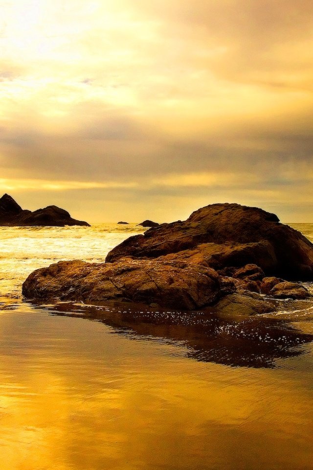Обои скалы, камни, берег, закат, пляж, океан, rocks, stones, shore, sunset, beach, the ocean разрешение 1920x1080 Загрузить