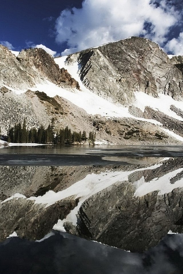 Обои озеро, горы, снег, отражение, поверхность, lake, mountains, snow, reflection, surface разрешение 1920x1080 Загрузить