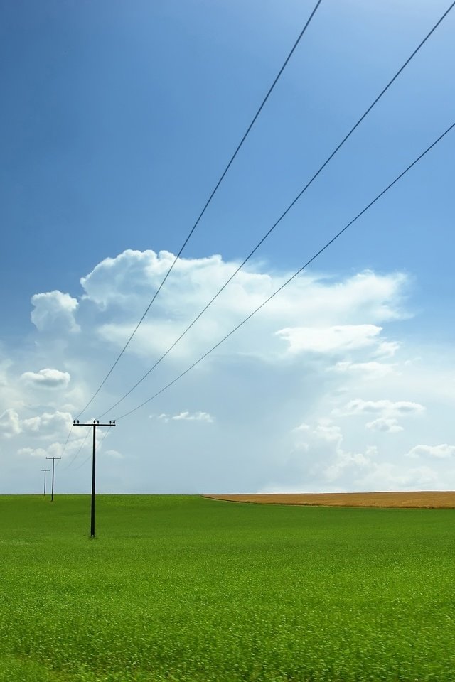 Обои небо, линии электропередач, облака, провода, природа, пейзаж, поле, лэп, столб, the sky, clouds, wire, nature, landscape, field, power lines, post разрешение 2560x1600 Загрузить