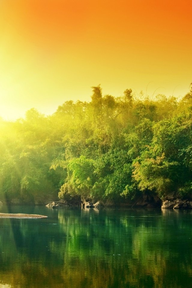 Обои деревья, вода, солнце, отражение, красочно, trees, water, the sun, reflection, colorful разрешение 2560x1600 Загрузить