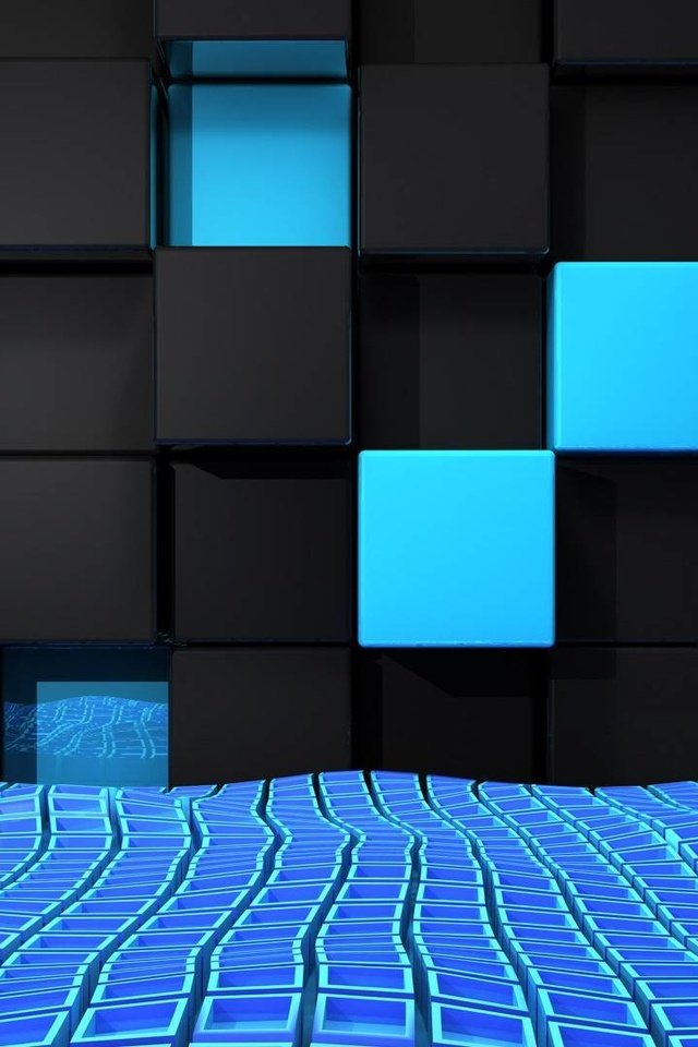 Обои абстракция, 3д, дизайн, синий, цвет, стена, черный, кубики, квадрат, abstraction, 3d, design, blue, color, wall, black, cubes, square разрешение 1920x1080 Загрузить