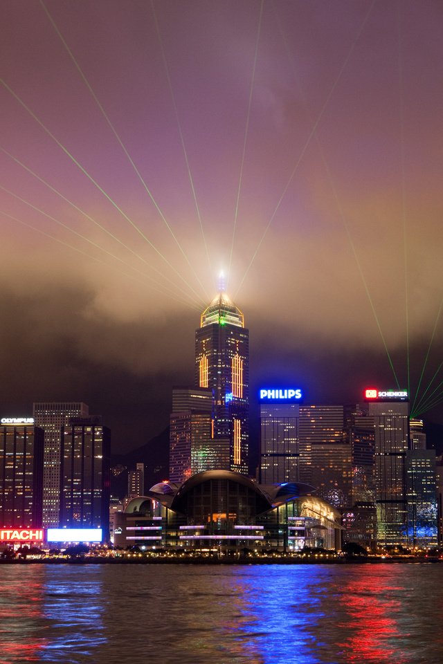 Обои огни, вода, небоскребы, гонконг, lights, water, skyscrapers, hong kong разрешение 5345x3563 Загрузить