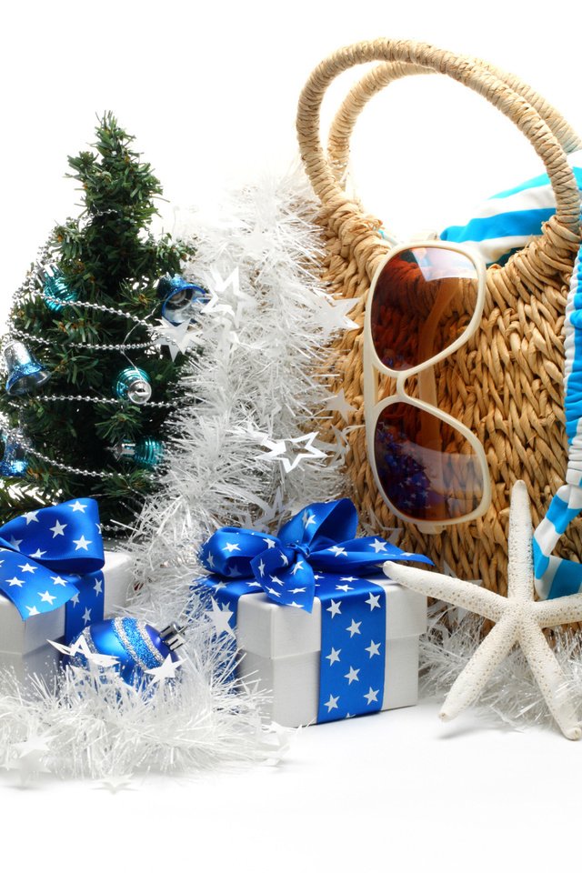 Обои новый год, сумка, очки, подарки, морская, звезда, гирлянда, ёлочка, коробки, new year, bag, glasses, gifts, sea, star, garland, herringbone, box разрешение 2560x1600 Загрузить
