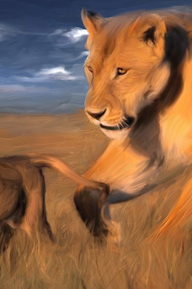 Обои львица, львёнок, саванна, lioness, lion, savannah разрешение 1920x1080 Загрузить